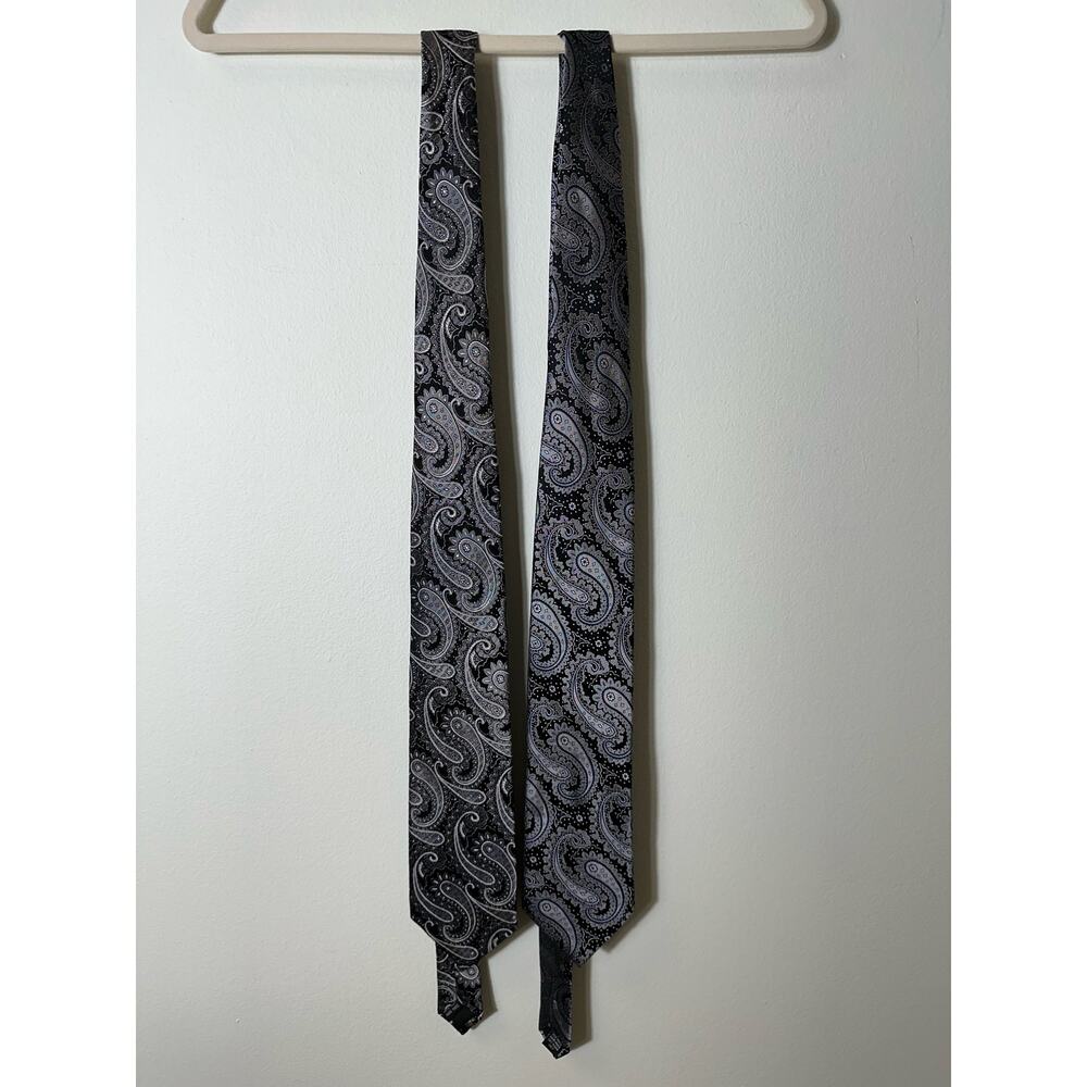 Italian Silk Neckties by Bocara - Bundle of 2 - Black & Silver Gray - Paisley - Picture 2 of 7